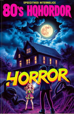 A vibrant and thrilling 80's horror book cover, featuring a haunted house shrouded in mist on a dark, moonlit night