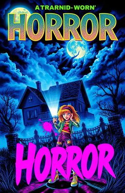 A vibrant and thrilling 80's horror book cover, featuring a haunted house shrouded in mist on a dark, moonlit night