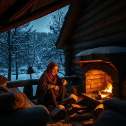 A snug, warm cabin, without any gaps, resting at the foothills blanketed with oak trees on a night where the snow gently falls from the sky