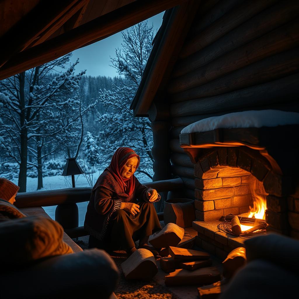 A snug, warm cabin, without any gaps, resting at the foothills blanketed with oak trees on a night where the snow gently falls from the sky