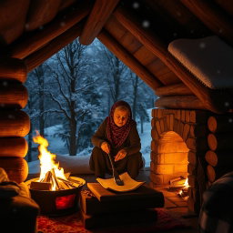 A snug, warm cabin, without any gaps, resting at the foothills blanketed with oak trees on a night where the snow gently falls from the sky