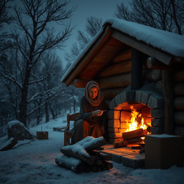 A snug, warm cabin, without any gaps, resting at the foothills blanketed with oak trees on a night where the snow gently falls from the sky