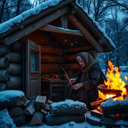 A snug, warm cabin, without any gaps, resting at the foothills blanketed with oak trees on a night where the snow gently falls from the sky