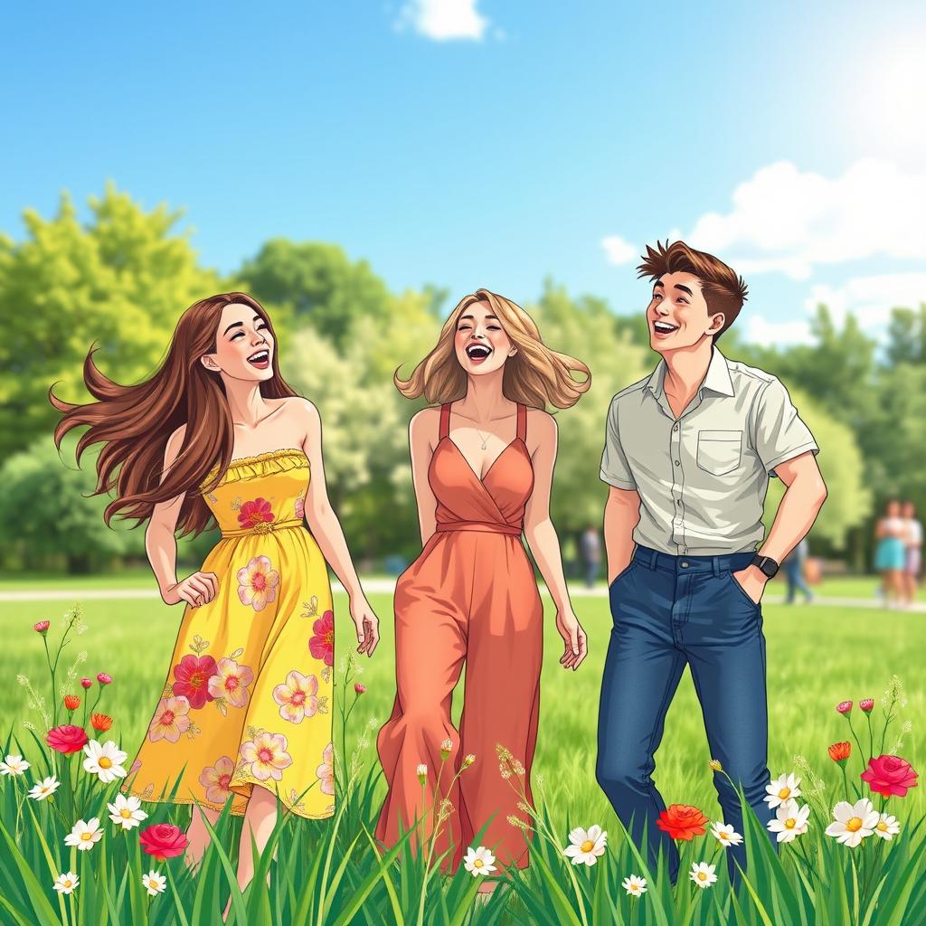 A vibrant, lively celebration scene featuring a group of three friends, two women and one man, joyfully laughing and enjoying a sunny afternoon in a park