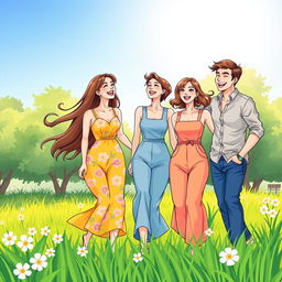 A vibrant, lively celebration scene featuring a group of three friends, two women and one man, joyfully laughing and enjoying a sunny afternoon in a park
