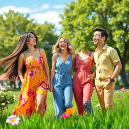 A vibrant, lively celebration scene featuring a group of three friends, two women and one man, joyfully laughing and enjoying a sunny afternoon in a park