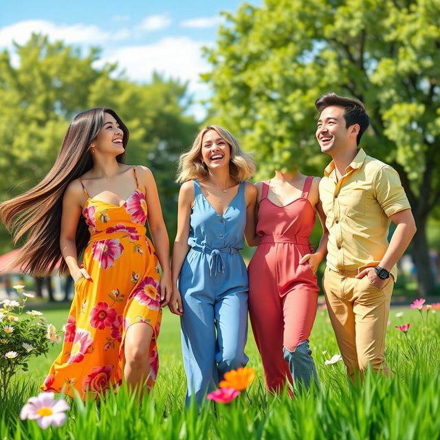 A vibrant, lively celebration scene featuring a group of three friends, two women and one man, joyfully laughing and enjoying a sunny afternoon in a park