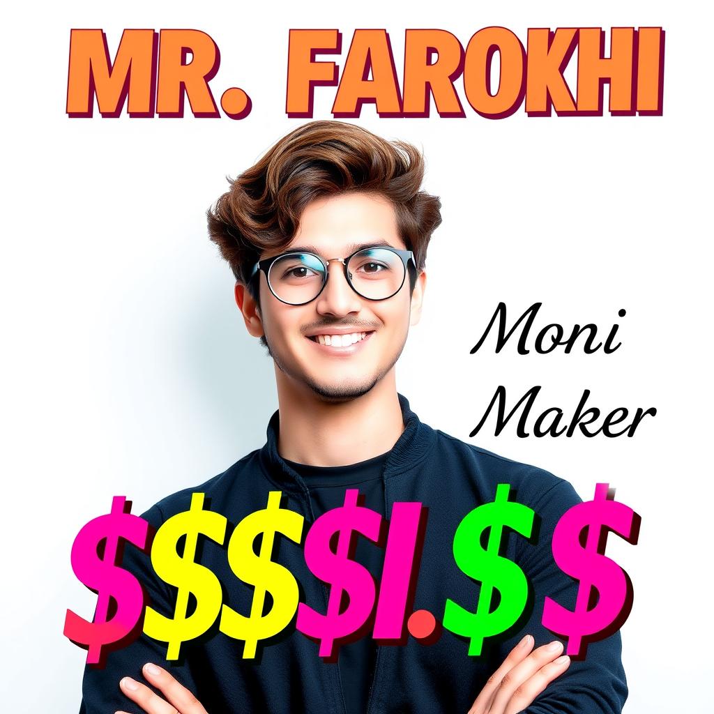 A dynamic poster design featuring a confident 25-year-old young man with wavy brown hair and stylish round glasses, smiling confidently
