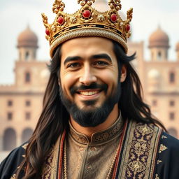 A portrait of an Iranian man wearing a traditional ornate crown on his head
