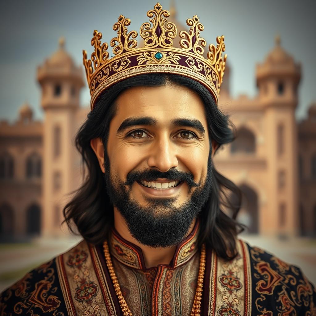A portrait of an Iranian man wearing a traditional ornate crown on his head