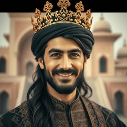 A portrait of an Iranian man wearing a traditional ornate crown on his head