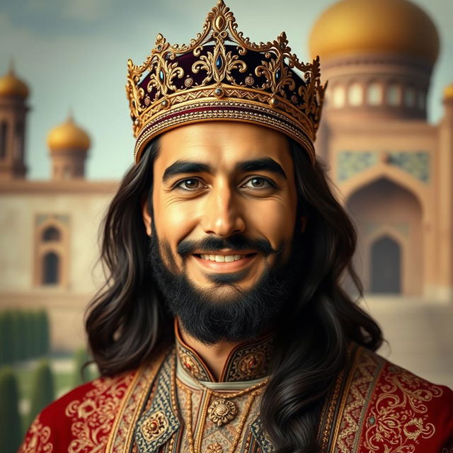 A portrait of an Iranian man wearing a traditional ornate crown on his head