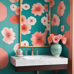 A bathroom vanity mounted on a wall, set against a backdrop of turquoise and dark salmon abstract print wallpaper. A vase with assorted flowers sits on the vanity.