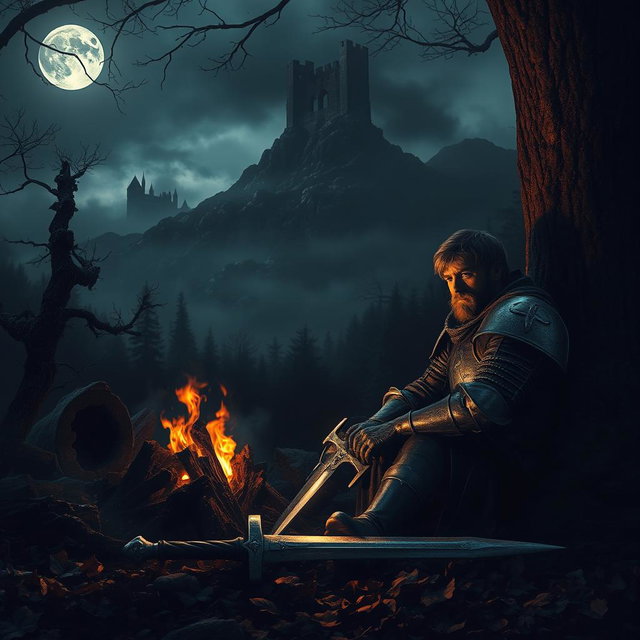A weary knight in battered armor, sitting against a tree, resting beside an extinguished campfire in a dark, mystical forest
