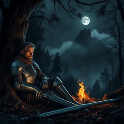 A weary knight in battered armor, sitting against a tree, resting beside an extinguished campfire in a dark, mystical forest