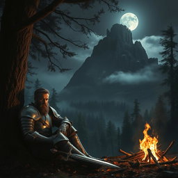 A weary knight in battered armor, sitting against a tree, resting beside an extinguished campfire in a dark, mystical forest