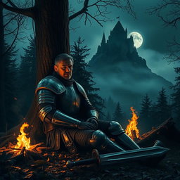 A weary knight in battered armor, sitting against a tree, resting beside an extinguished campfire in a dark, mystical forest