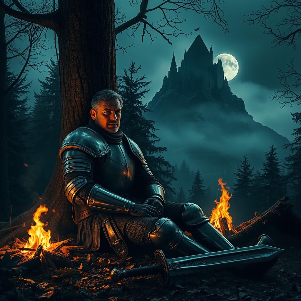 A weary knight in battered armor, sitting against a tree, resting beside an extinguished campfire in a dark, mystical forest