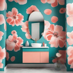 A bathroom vanity mounted on a wall, set against a backdrop of turquoise and dark salmon abstract print wallpaper. A vase with assorted flowers sits on the vanity.