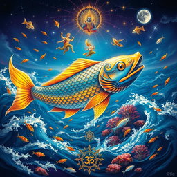 A majestic depiction of Matsya, the fish avatar of Lord Vishnu, gracefully swimming in the cosmic ocean