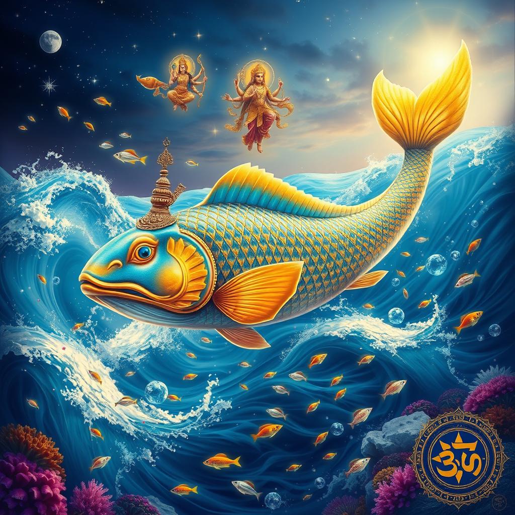 A majestic depiction of Matsya, the fish avatar of Lord Vishnu, gracefully swimming in the cosmic ocean