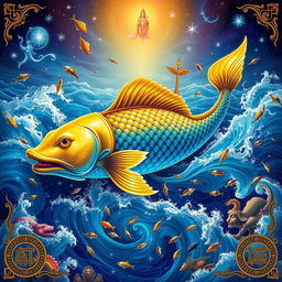 A majestic depiction of Matsya, the fish avatar of Lord Vishnu, gracefully swimming in the cosmic ocean