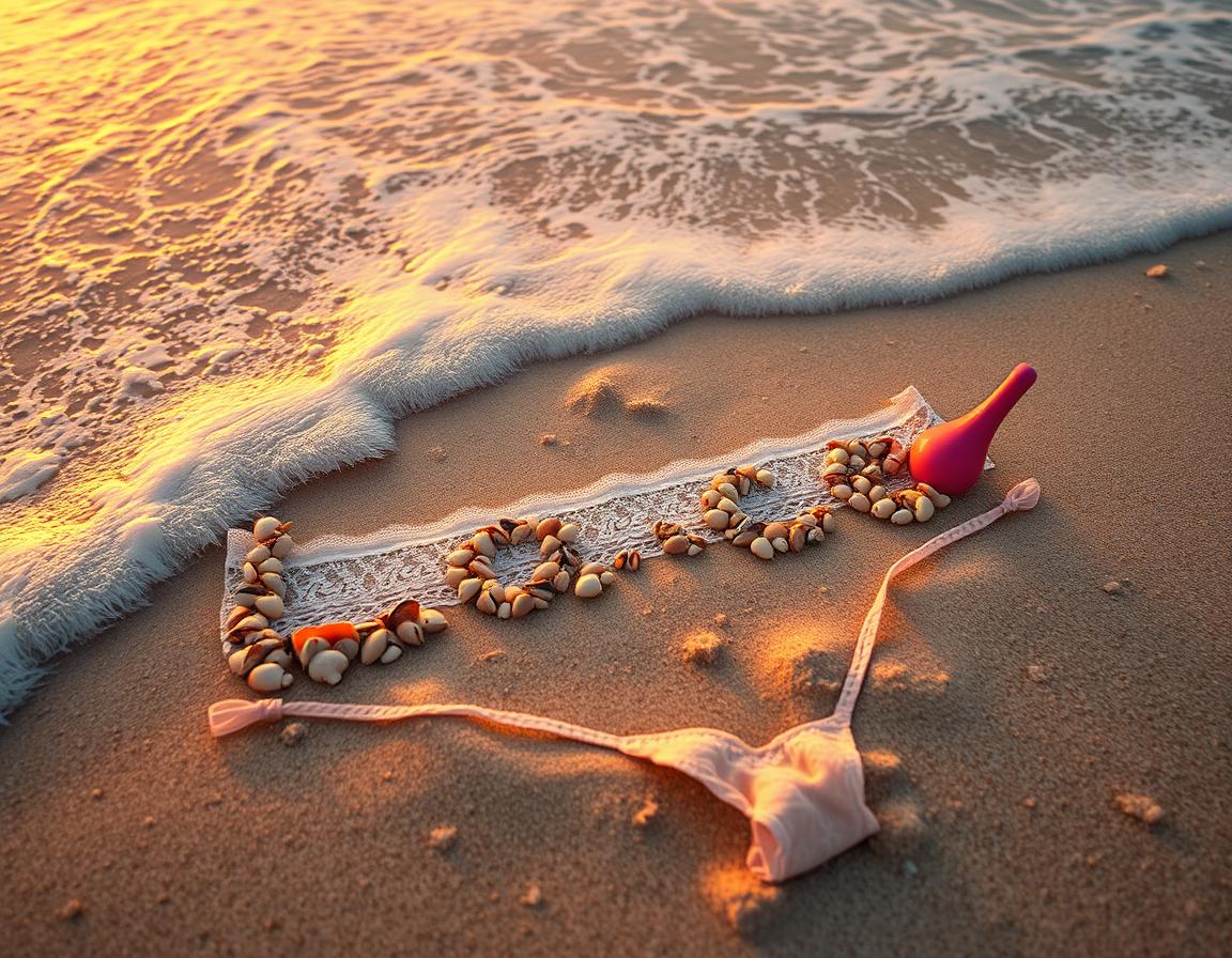 A close-up photo seen from above of the sea surf at a tropical beach destination during sunset