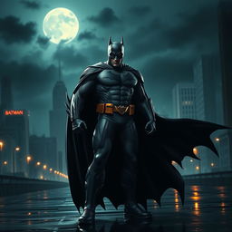 A powerful superhero in a dark and moody cityscape, resembling Batman, with a long flowing cape and a menacing yet confident stance