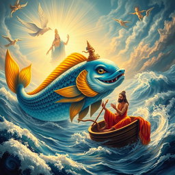 A dramatic scene depicting Matsya, the fish avatar of Lord Vishnu, guiding Manu through the cosmic waters during the great deluge