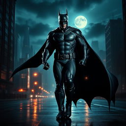 A powerful superhero in a dark and moody cityscape, resembling Batman, with a long flowing cape and a menacing yet confident stance