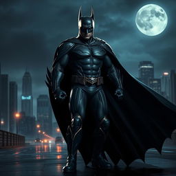 A powerful superhero in a dark and moody cityscape, resembling Batman, with a long flowing cape and a menacing yet confident stance