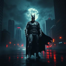 A powerful superhero in a dark and moody cityscape, resembling Batman, with a long flowing cape and a menacing yet confident stance