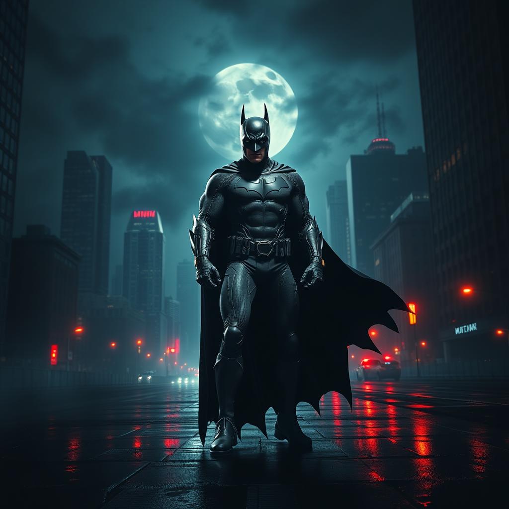 A powerful superhero in a dark and moody cityscape, resembling Batman, with a long flowing cape and a menacing yet confident stance