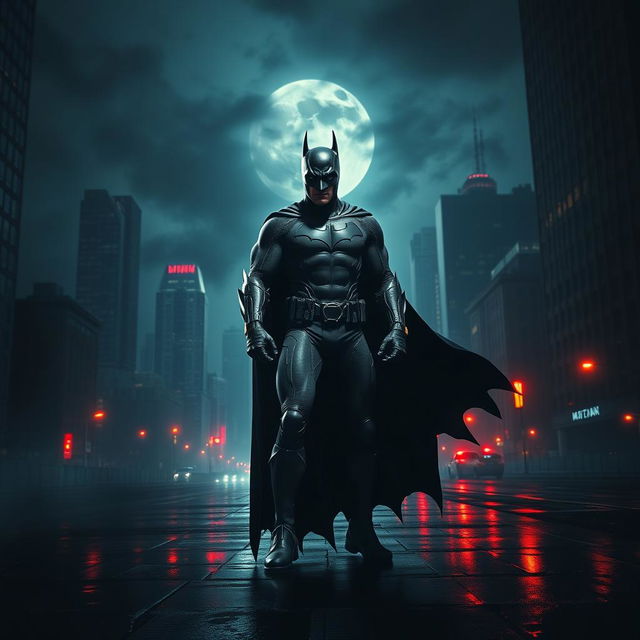 A powerful superhero in a dark and moody cityscape, resembling Batman, with a long flowing cape and a menacing yet confident stance