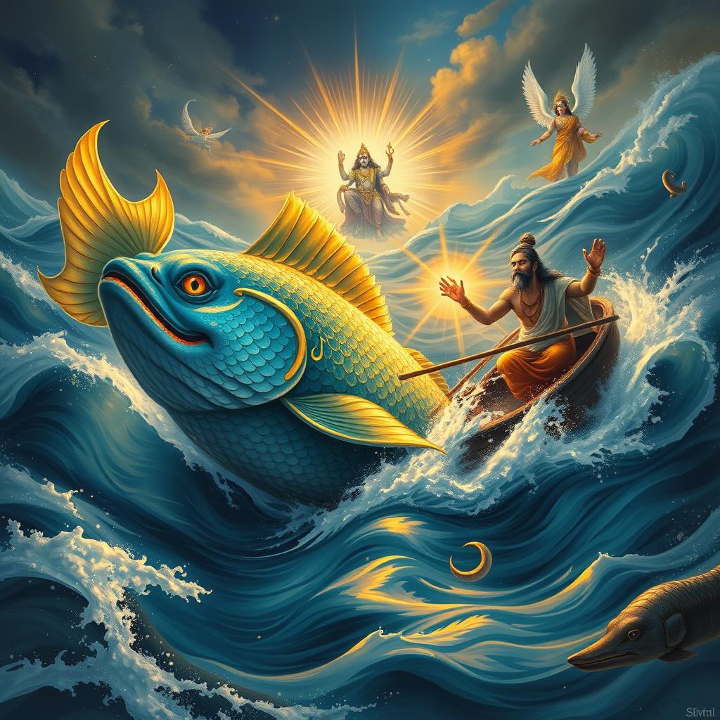 A dramatic scene depicting Matsya, the fish avatar of Lord Vishnu, guiding Manu through the cosmic waters during the great deluge