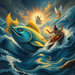 A dramatic scene depicting Matsya, the fish avatar of Lord Vishnu, guiding Manu through the cosmic waters during the great deluge