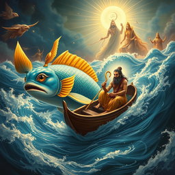 A dramatic scene depicting Matsya, the fish avatar of Lord Vishnu, guiding Manu through the cosmic waters during the great deluge