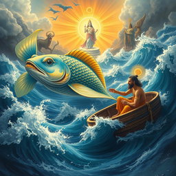 A dramatic scene depicting Matsya, the fish avatar of Lord Vishnu, guiding Manu through the cosmic waters during the great deluge