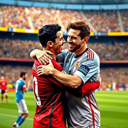 A realistic scene of Cristiano Ronaldo and Lionel Messi embracing each other in a warm and friendly hug, showcasing mutual respect and camaraderie on a football field