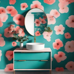 A bathroom vanity mounted on a wall, set against a backdrop of turquoise and dark salmon abstract print wallpaper. A vase with assorted flowers sits on the vanity.