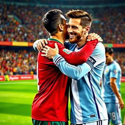 A realistic scene of Cristiano Ronaldo and Lionel Messi embracing each other in a warm and friendly hug, showcasing mutual respect and camaraderie on a football field