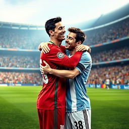 A realistic scene of Cristiano Ronaldo and Lionel Messi embracing each other in a warm and friendly hug, showcasing mutual respect and camaraderie on a football field