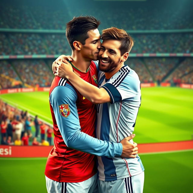 A realistic scene of Cristiano Ronaldo and Lionel Messi embracing each other in a warm and friendly hug, showcasing mutual respect and camaraderie on a football field