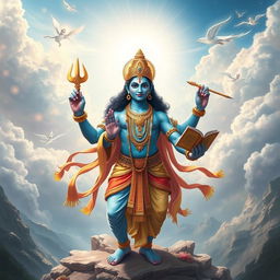 A stunning depiction of Lord Brahma emanating gracefully from Lord Vishnu, set in a divine, ethereal landscape