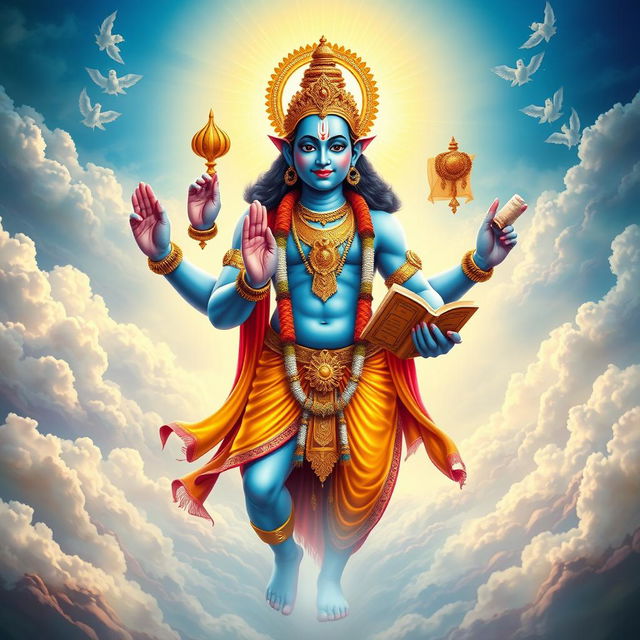 A stunning depiction of Lord Brahma emanating gracefully from Lord Vishnu, set in a divine, ethereal landscape