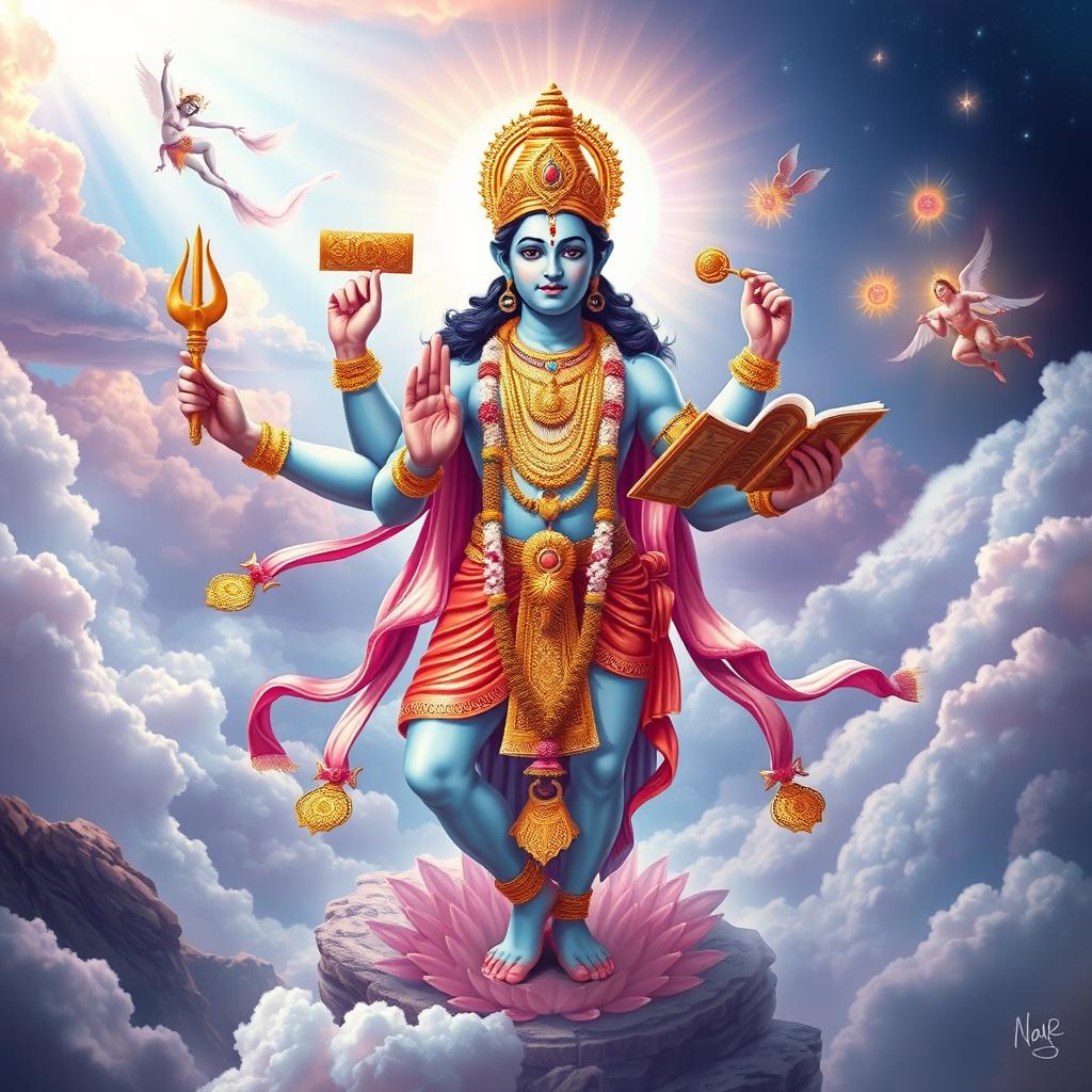 A stunning depiction of Lord Brahma emanating gracefully from Lord Vishnu, set in a divine, ethereal landscape