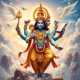 A stunning depiction of Lord Brahma emanating gracefully from Lord Vishnu, set in a divine, ethereal landscape