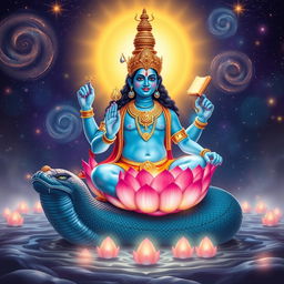 A beautiful scene illustrating Lord Brahma emerging from the navel of Lord Vishnu, who is depicted reclining on a cosmic serpent