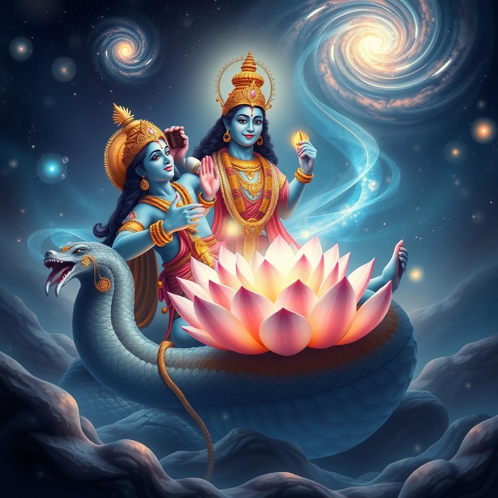 A beautiful scene illustrating Lord Brahma emerging from the navel of Lord Vishnu, who is depicted reclining on a cosmic serpent