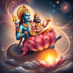 A beautiful scene illustrating Lord Brahma emerging from the navel of Lord Vishnu, who is depicted reclining on a cosmic serpent